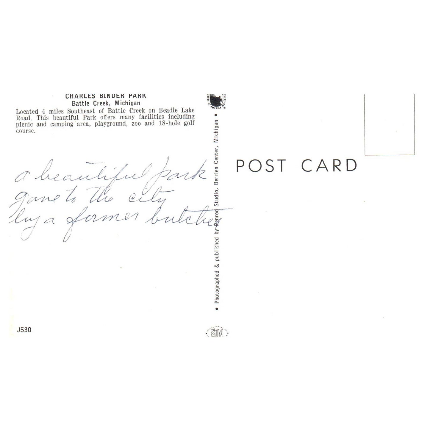 Vintage Postcard - Charles Binder Park Battle Creek Michigan AD9