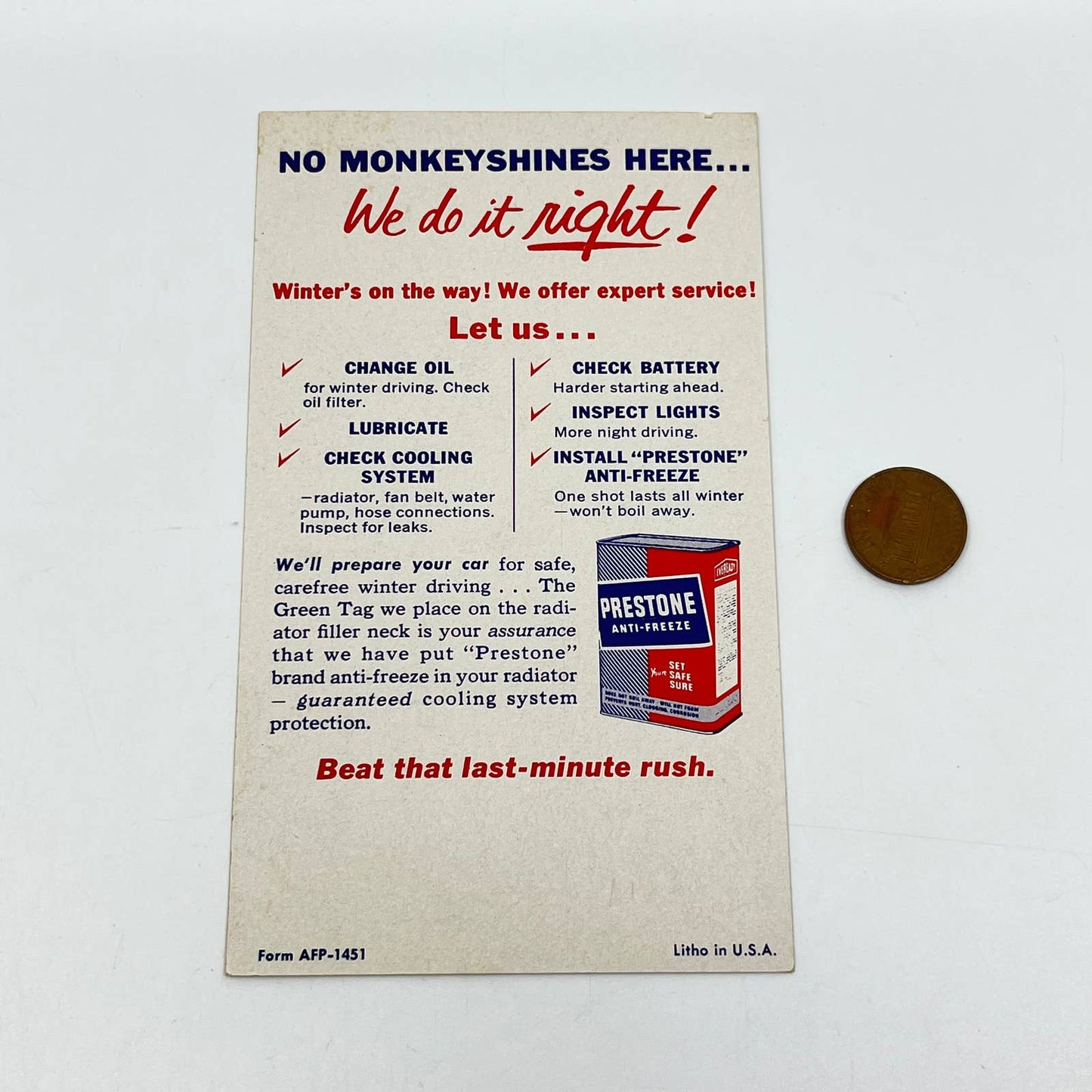 Prestone Anti-Freeze Adv. Card Lawson Wood Monkey Mechanics Monkeyshine SC9