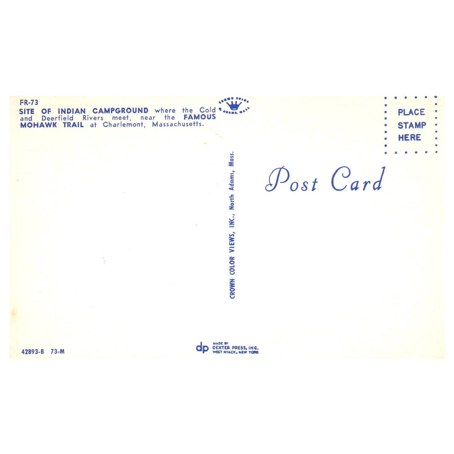Vintage Postcard - Indian Campground, Mohawk Trail - Charlemont MA AD9