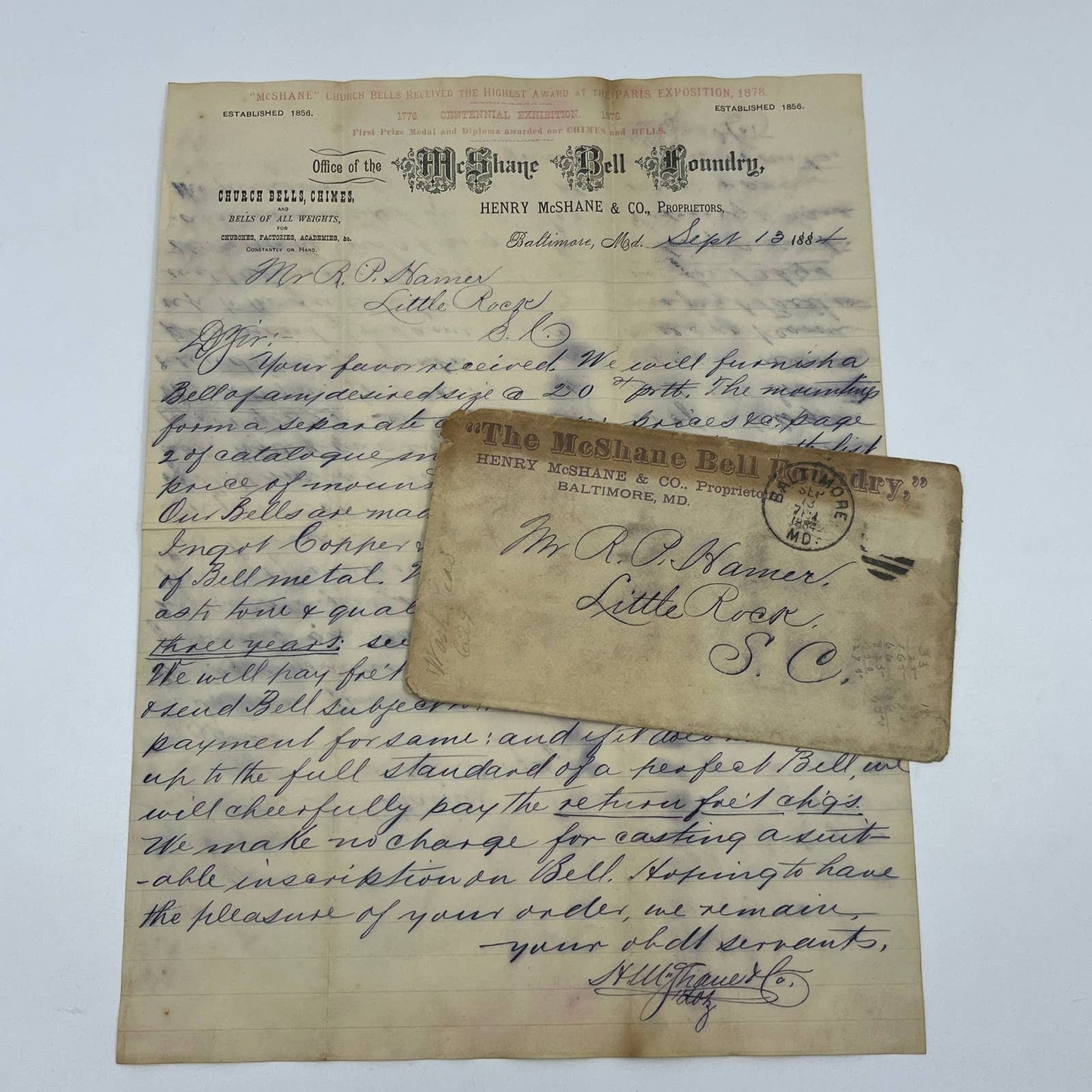 1882 Letter Henry McShane Bell Foundry MD to Robert P Hamer Little Rock SC AC2