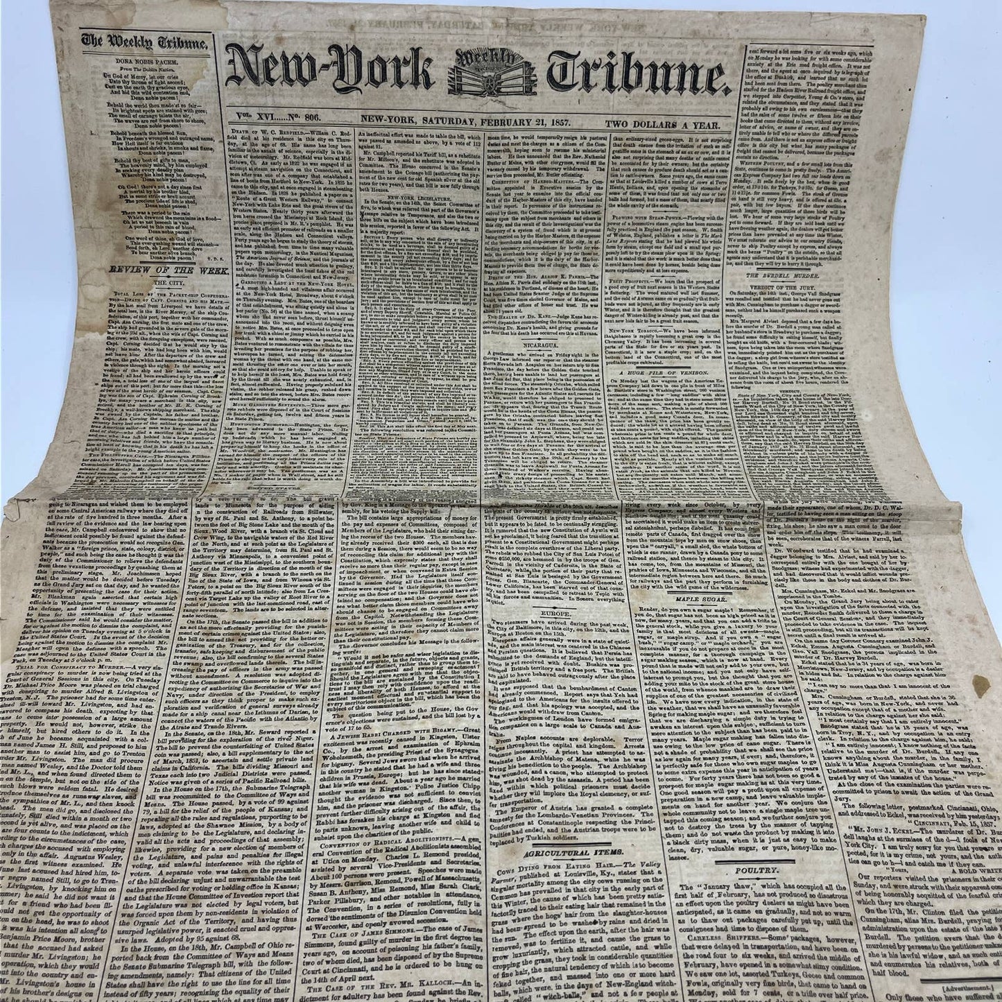 1857 Feb 21 Original New York Tribune - Death of W.C. Redfield FL4