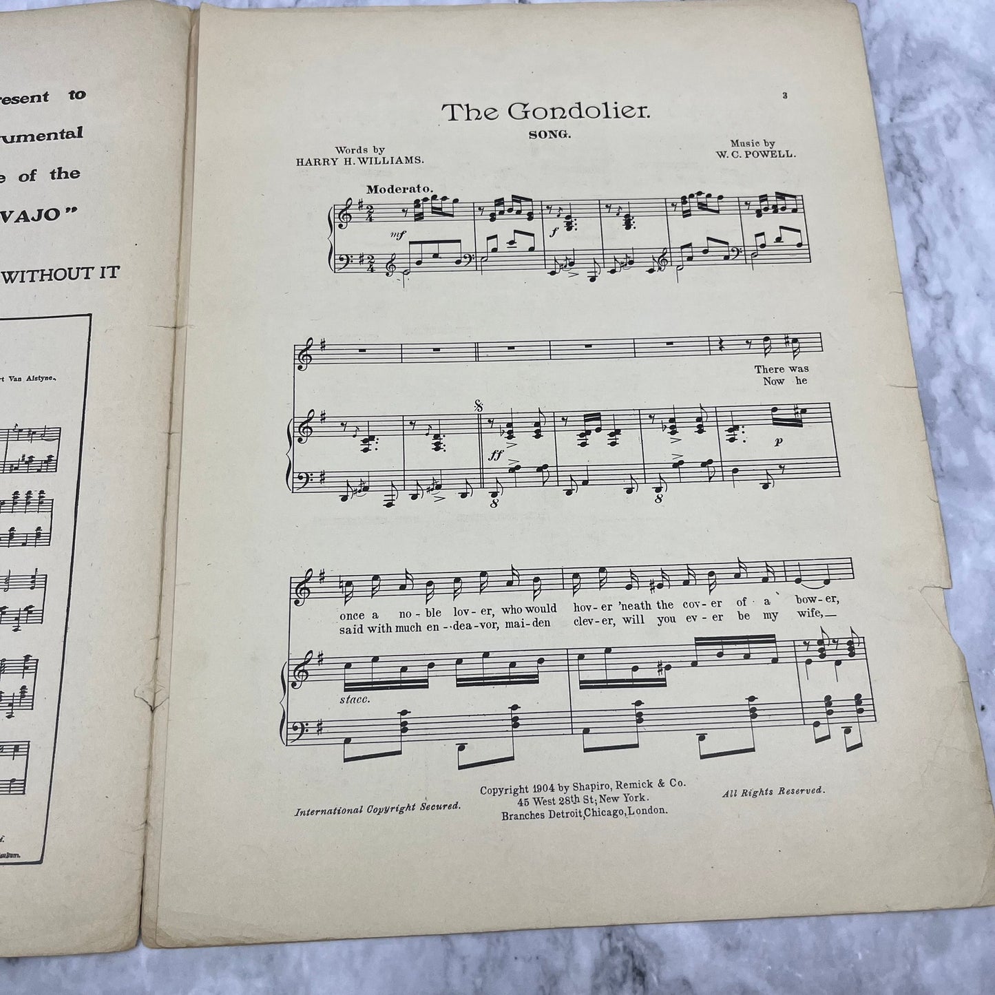 1904 THE GONDOLIER SONG by W C Powell Antique sheet music Whitney Warner V41-2