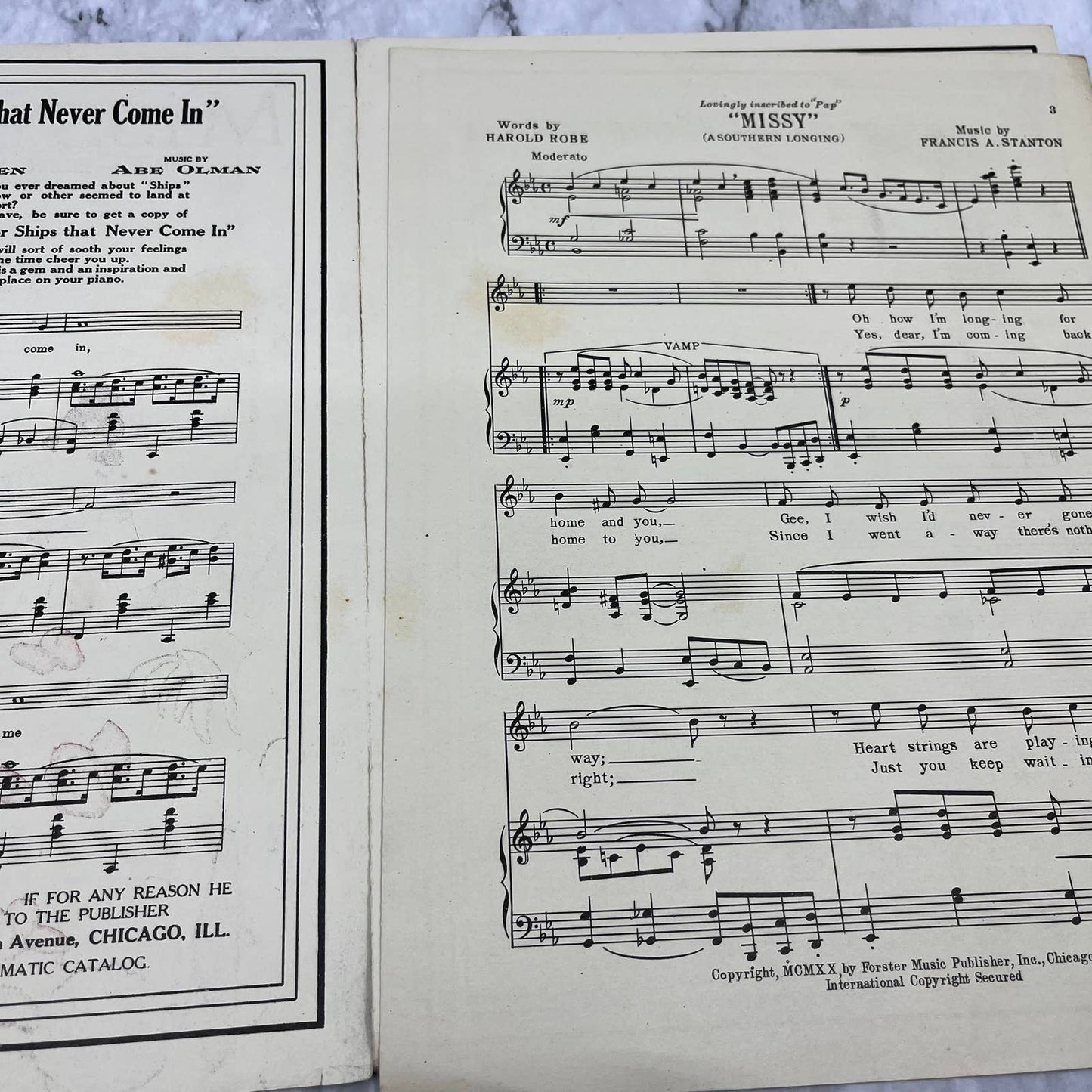 1920 MISSY - A SOUTHERN LONGING sheet music Francis A. Stanton Harold Rose TI1