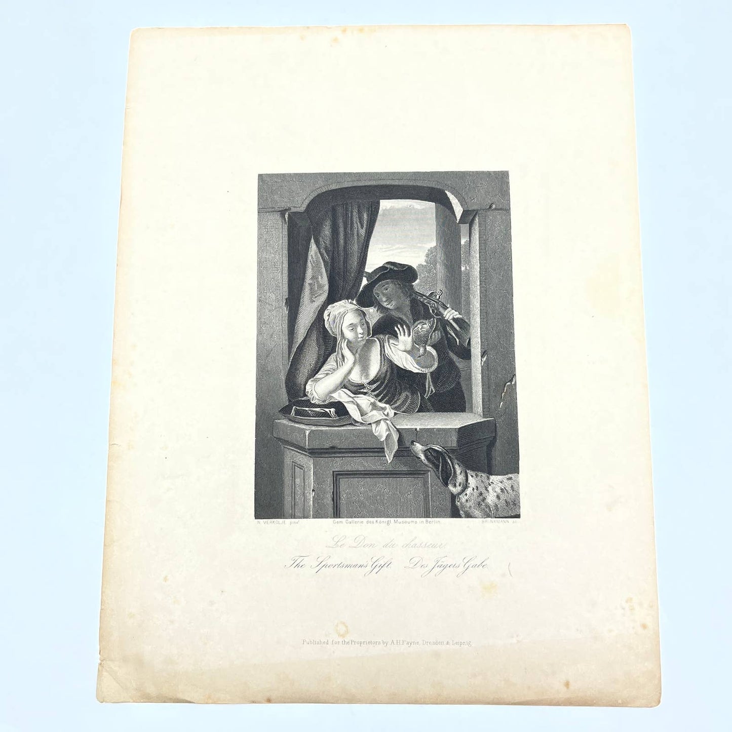 1864 Original Steel Art Engraving - The Sportsman's Gift N. Verkolje 8.5x11" AC3