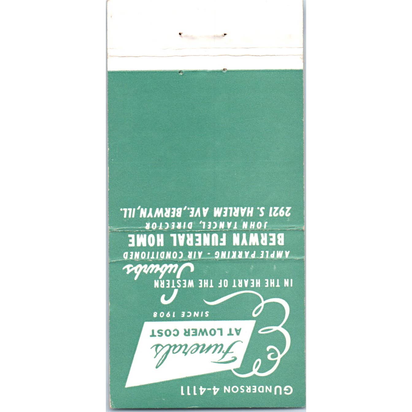 Berwyn Funeral Home John Tancel Advertising Matchbook Cover SA1-M11