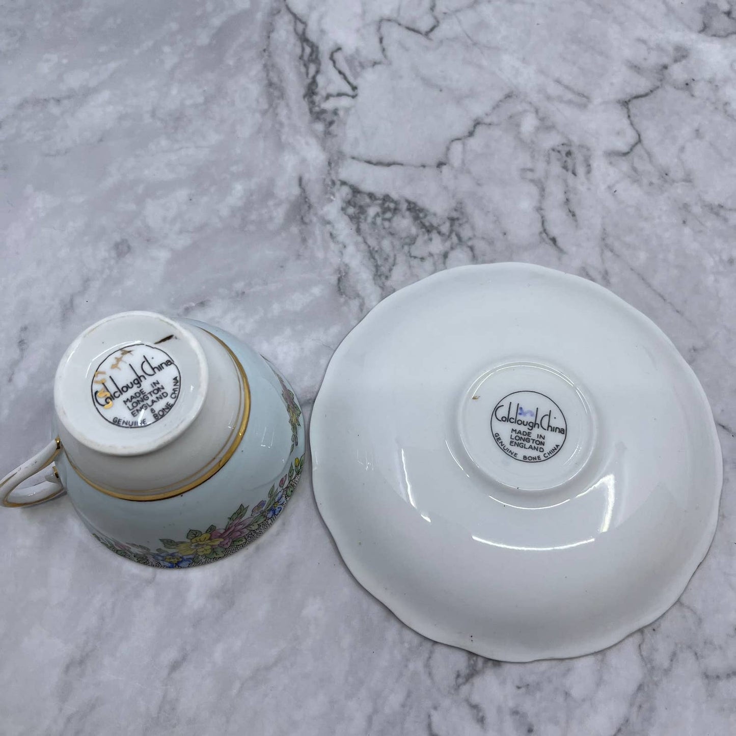 Colclough England Bone China Footed Tea Cup & Saucer Set Pale Blue & Floral TD1