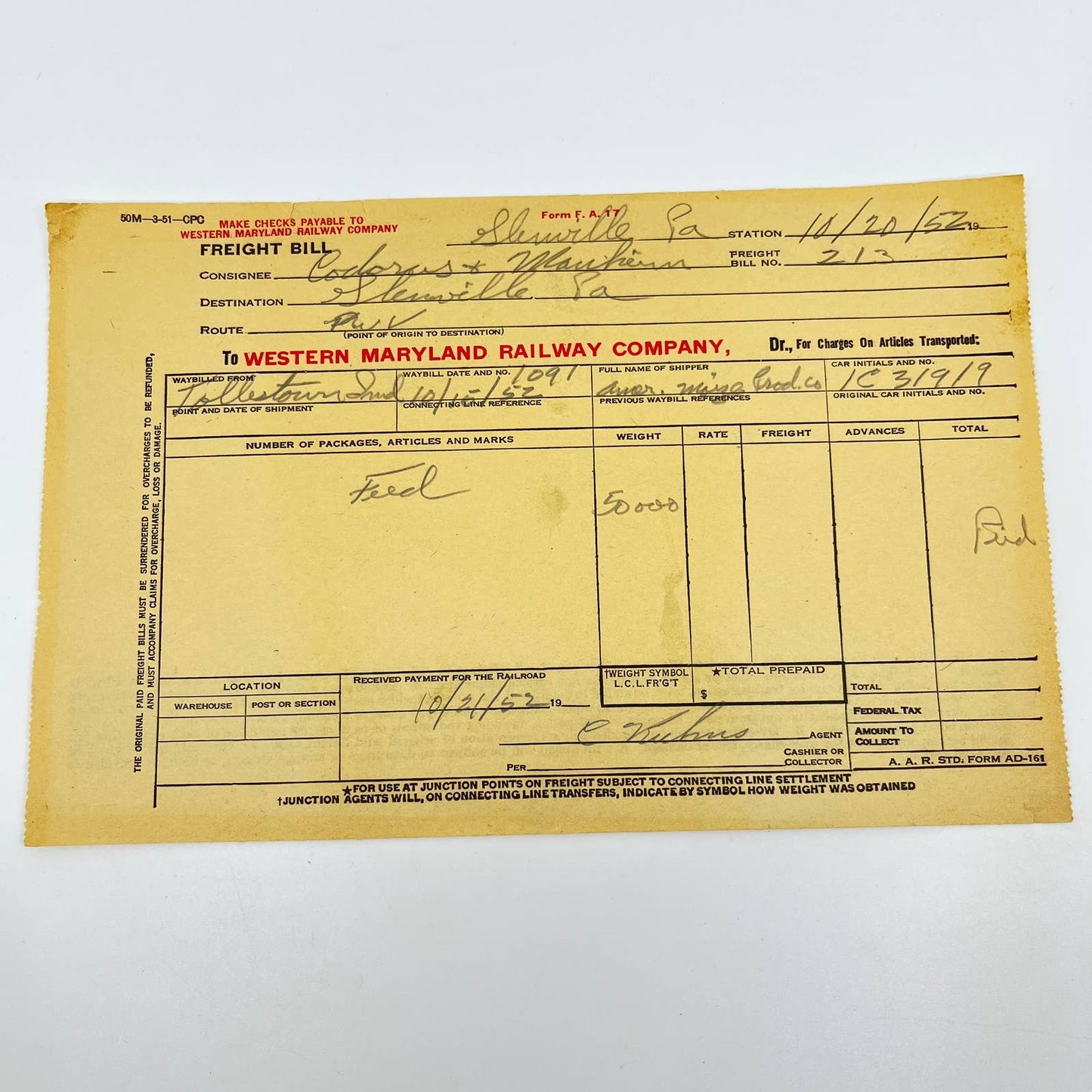 1952-53 Western Maryland Railway Company Bill of Freight Lot of 3 AA8