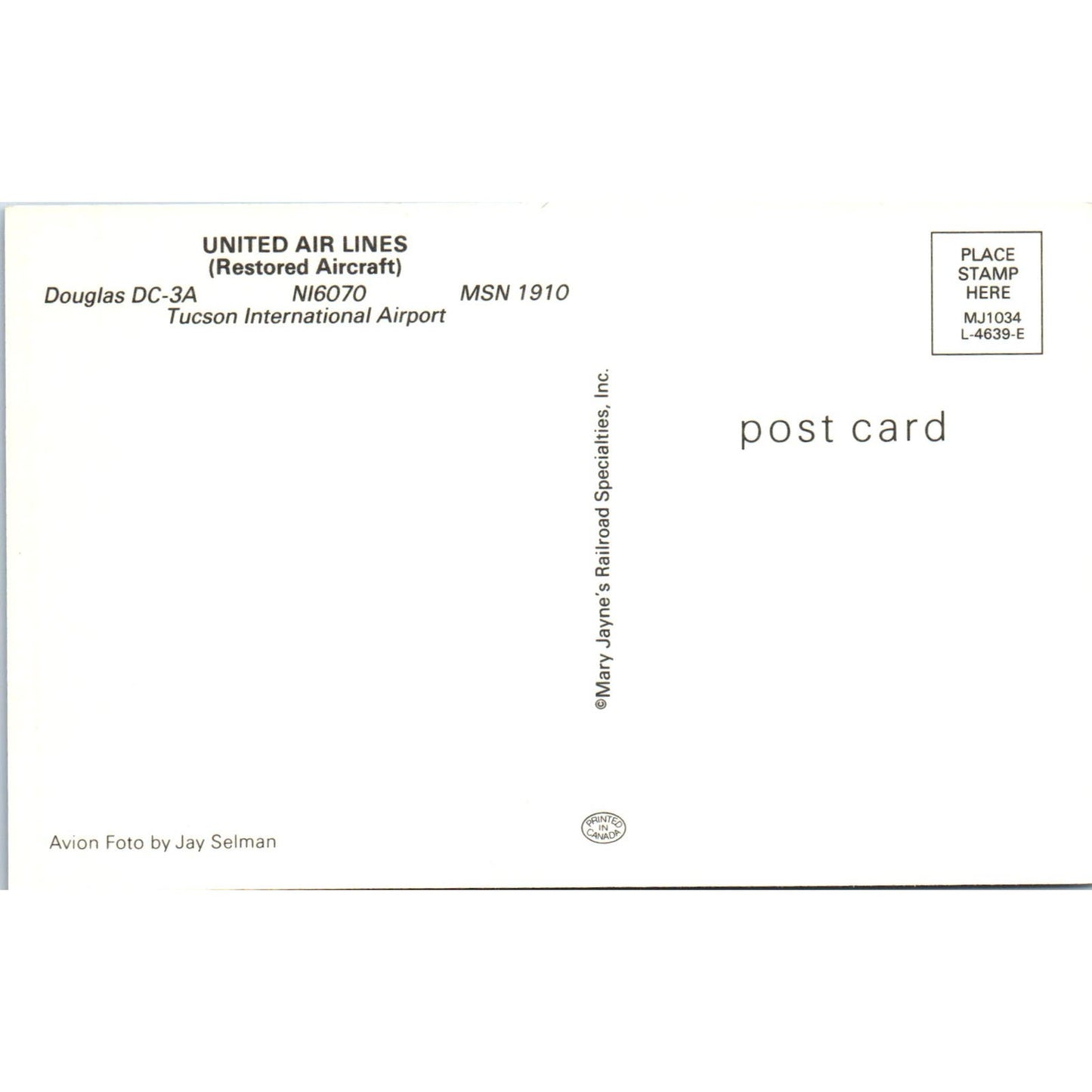 United Air Lines Douglas DC-3A Vintage Postcard PC19