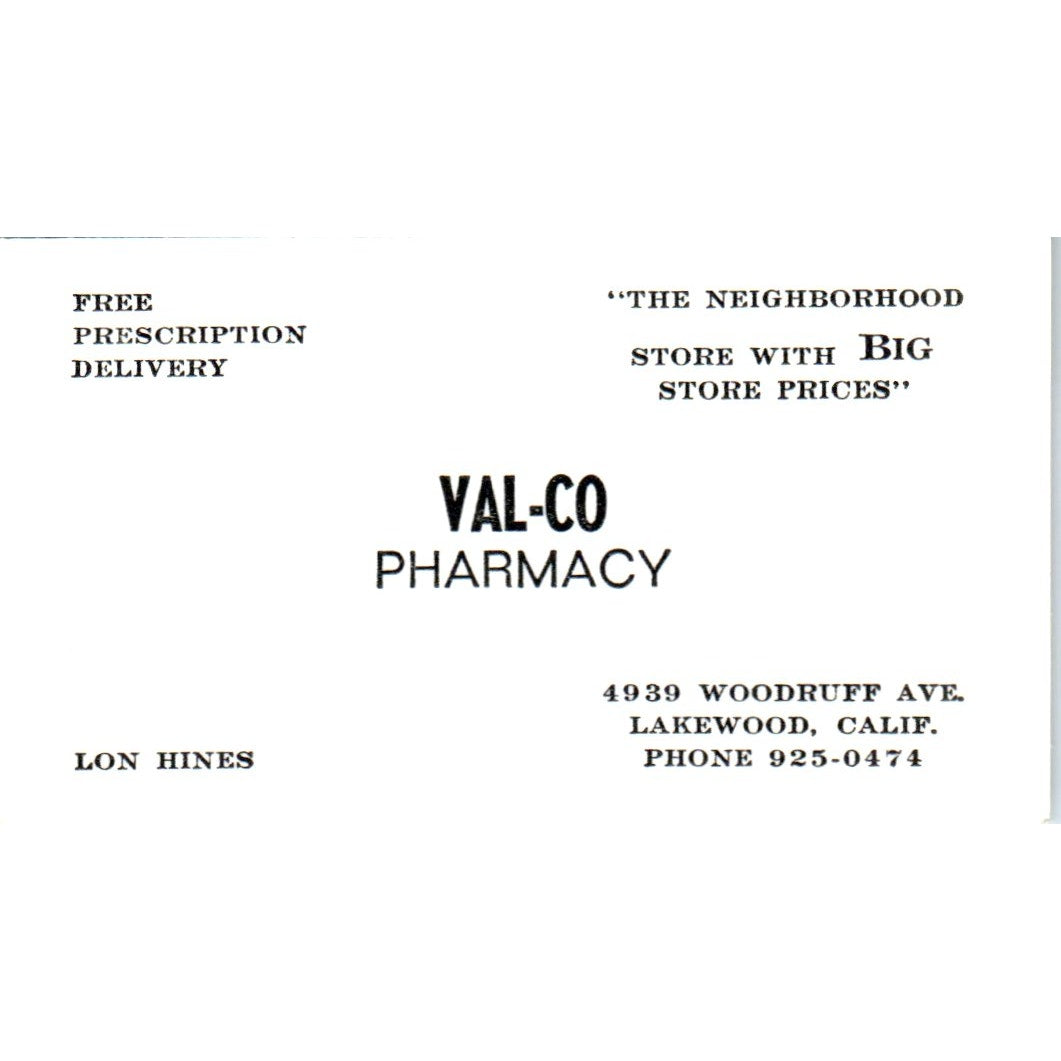 Val-Co Pharmacy Lon Hines Lakewood CA Vintage Business Card SD8-B15