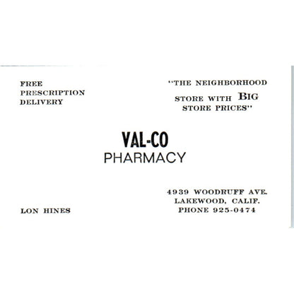 Val-Co Pharmacy Lon Hines Lakewood CA Vintage Business Card SD8-B15