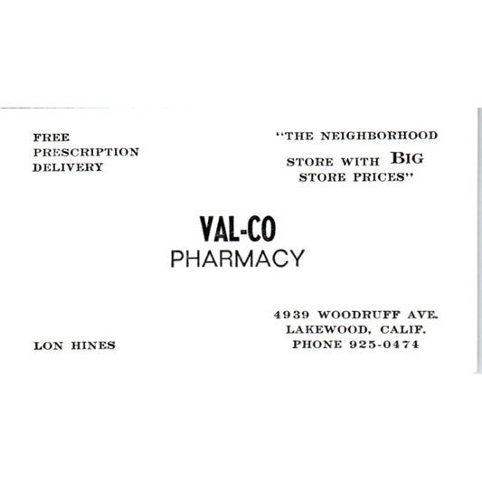 Val-Co Pharmacy Lon Hines Lakewood CA Vintage Business Card SD8-B15
