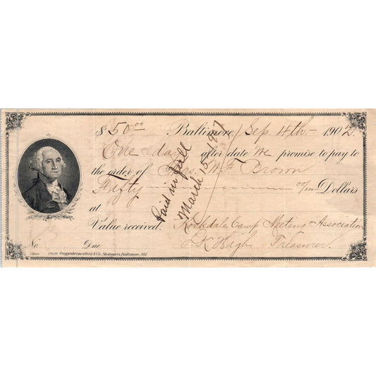 1902 Bank Check George Washington Engraving Baltimore MD AE5
