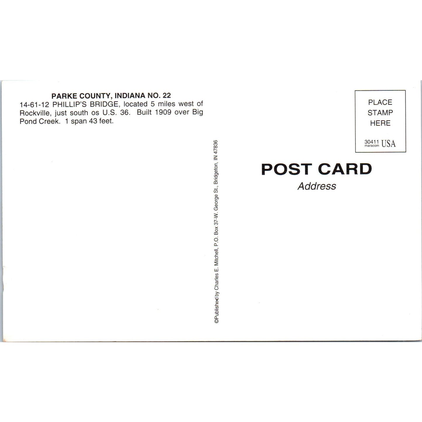 Phillip's Bridge Parke County 22 Indiana Vintage Covered Bridge Postcard PC14