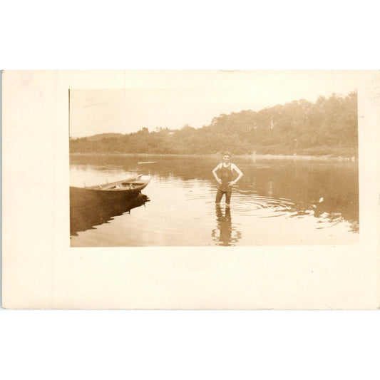 c1910 Edwardian RPPC Young Man in a River With a Canoe Vintage Postcard PE4