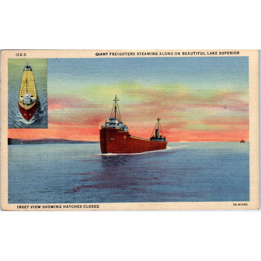 1953 Giant Freighter Ships on Lake Superior Linen Vintage Postcard PD9