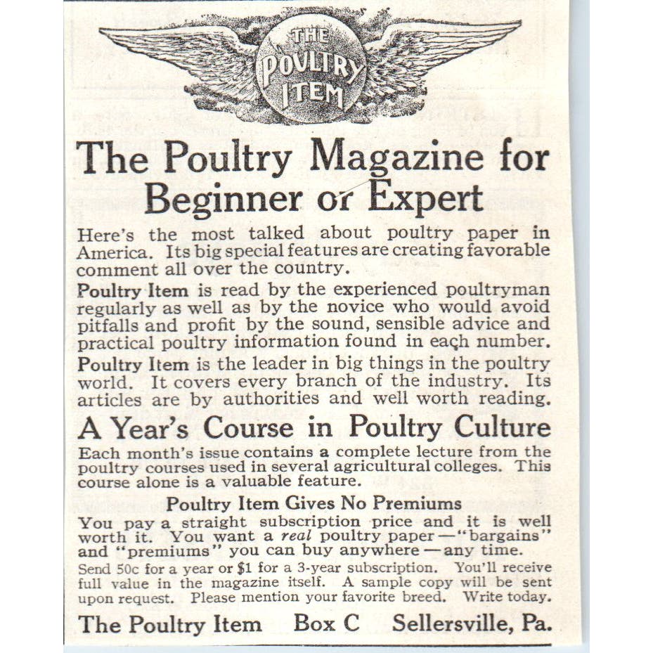The Poultry Item Sellersville PA 1913 Magazine Advertisement AE7-N7
