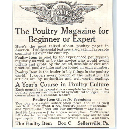 The Poultry Item Sellersville PA 1913 Magazine Advertisement AE7-N7