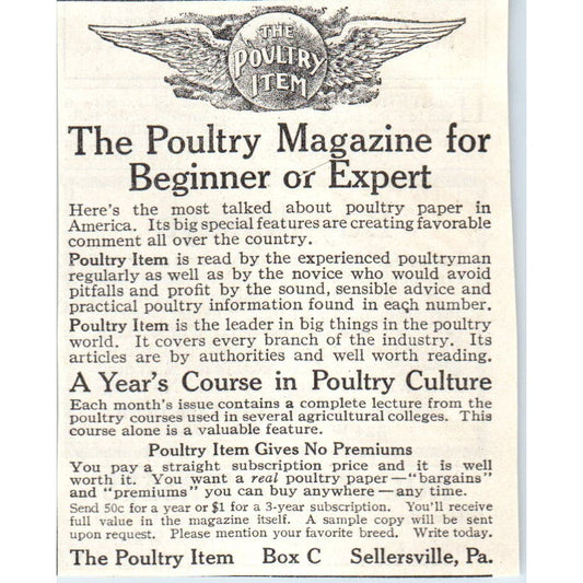 The Poultry Item Sellersville PA 1913 Magazine Advertisement AE7-N7