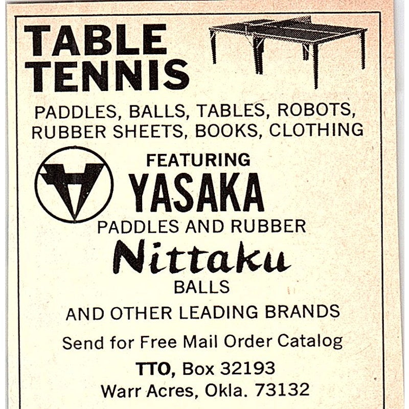 Table Tennis Yasaka Paddles Nittaku Balls Warr Acres OK 1977 Ad AF3-Q3