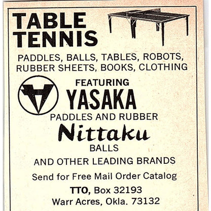 Table Tennis Yasaka Paddles Nittaku Balls Warr Acres OK 1977 Ad AF3-Q3