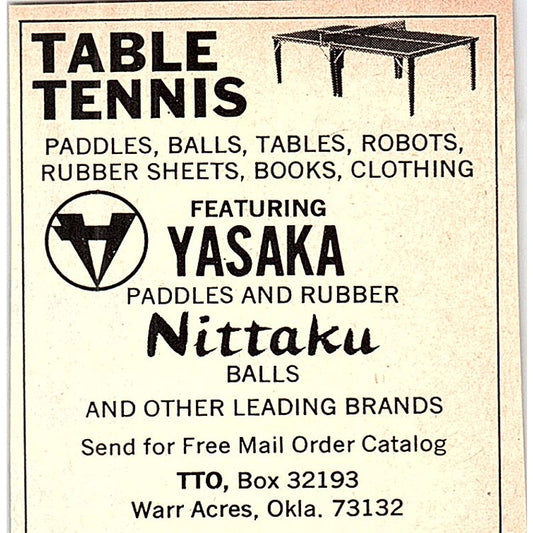 Table Tennis Yasaka Paddles Nittaku Balls Warr Acres OK 1977 Ad AF3-Q3