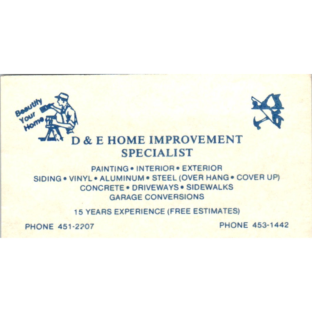 D&E Home Improvement Specialist Vintage Business Card SD8-B3