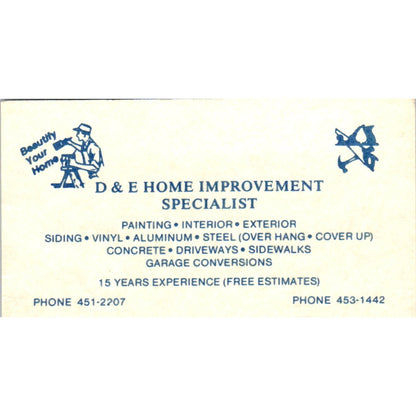 D&E Home Improvement Specialist Vintage Business Card SD8-B3