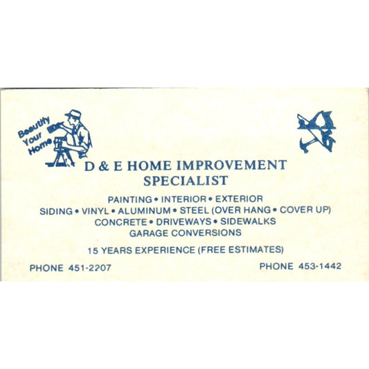 D&E Home Improvement Specialist Vintage Business Card SD8-B3