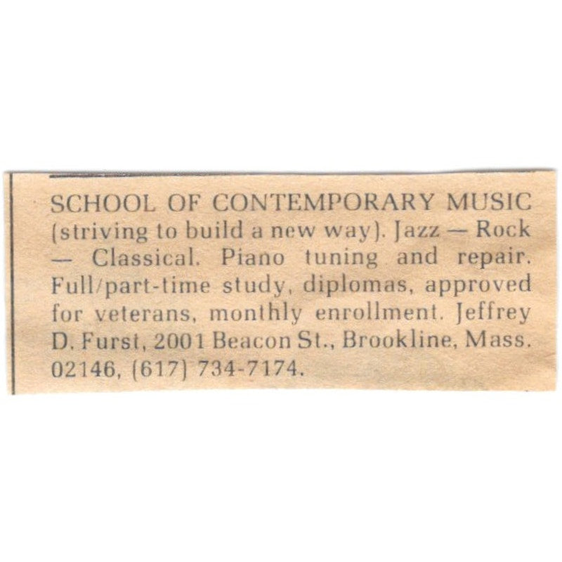 Jeffrey D Furst School of Contemporary Music Brookline MA - 1/2x2 1974 Ad AF6-S7