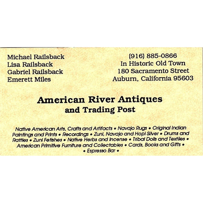 American River Antiques Railsback, Emerett Miles Auburn CA Business Card SC9-B10