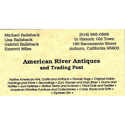 American River Antiques Railsback, Emerett Miles Auburn CA Business Card SC9-B10
