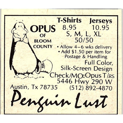 Opus Bloom County Penguin Lust T-Shirts Austin TX 1984 Ad AF8-M4