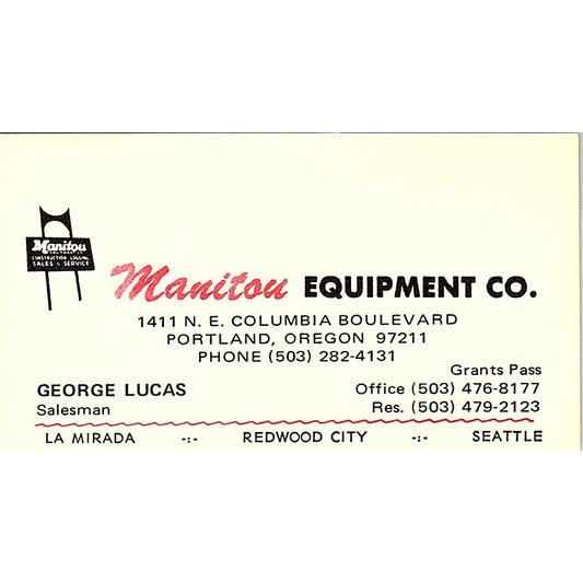 Manitou Equipment Co. George Lucas Portland Oregon Vintage Business Card SB4-B4