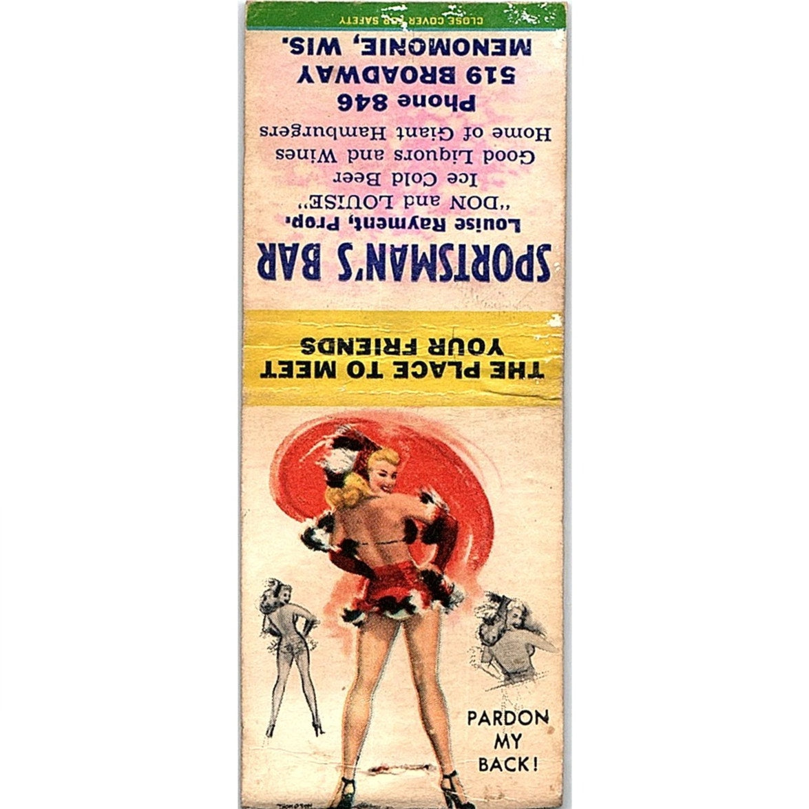 Sportsman's Bar Louise Rayment Menomonie WI Pinup Vintage Matchbook Cover SC7-Y2