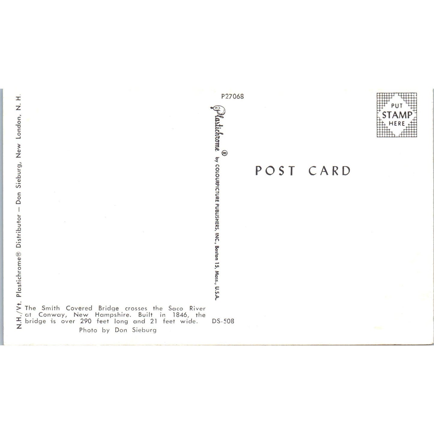 Smith Bridge Saco River Conway New Hampshire Covered Bridge Postcard PC3