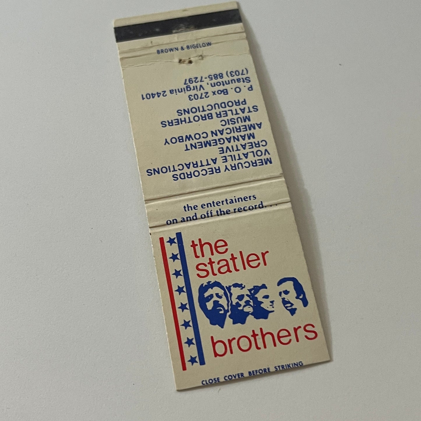 The Statler Brothers Staunton VA Vintage Matchbook Cover TB6-MB2-5