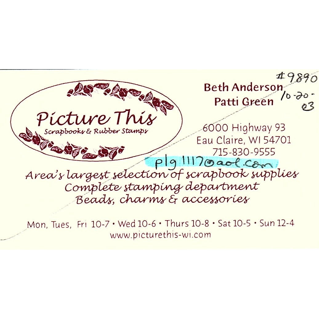 Picture This Beth Anderson Pati Green Eau Claire WI Vintage Business Card SC9-B9