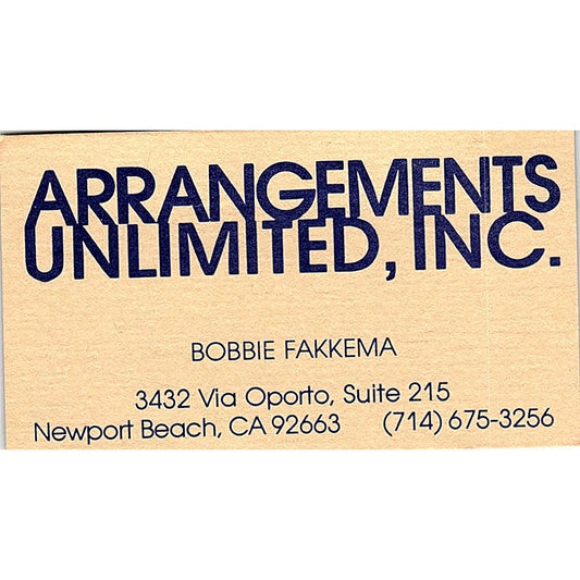 Arrangements Unlimited Bobbie Fakkema, Newport Beach, CA Business Card SF3-B8