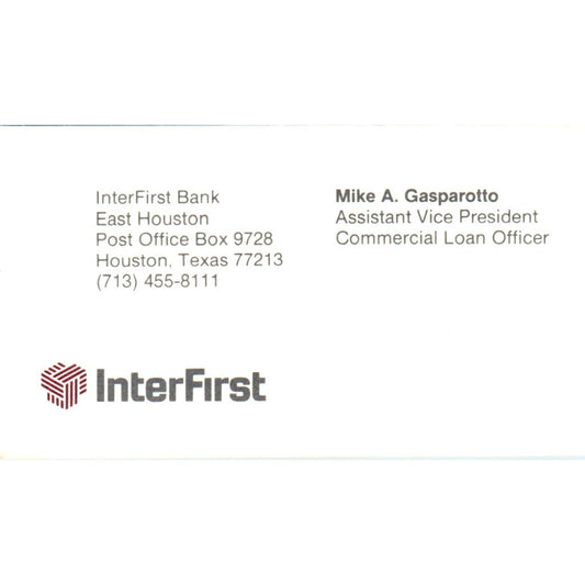 Mike A. Gasparotto InterFirst Bank Houston TX Vintage Business Card SE3-B8