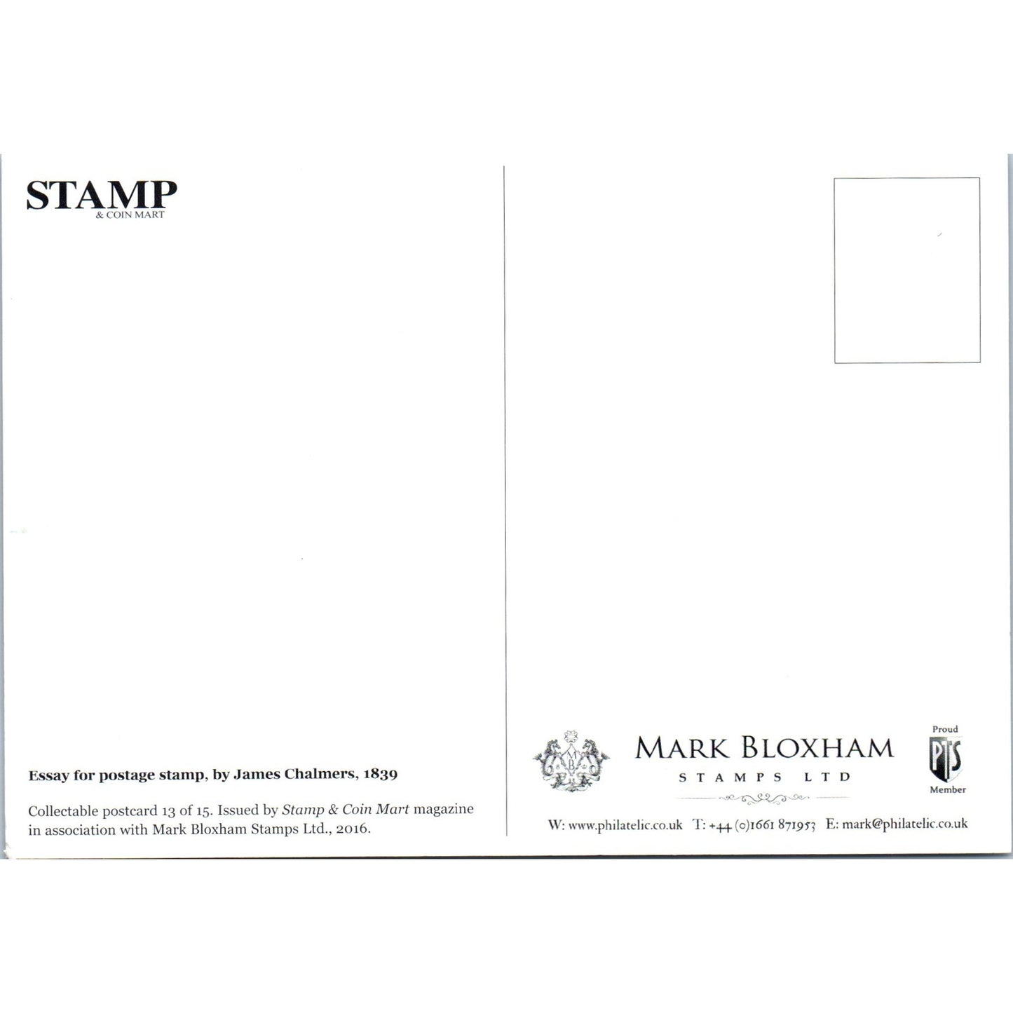 Essay for Postage Stamp by James Chalmers Mark Bloxham Stamps Ltd Postcard PE5