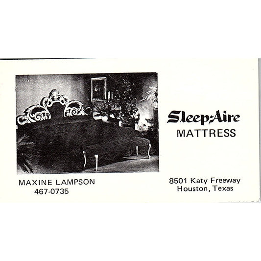 Sleep Aire Mattress Maxine Lampson Houston Texas Vintage Business Card SF3-B3