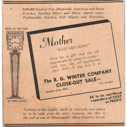 R.G. Winter Co Nicollet Ave 6x7" 1935 Minneapolis Journal Advertisement AE7-N1