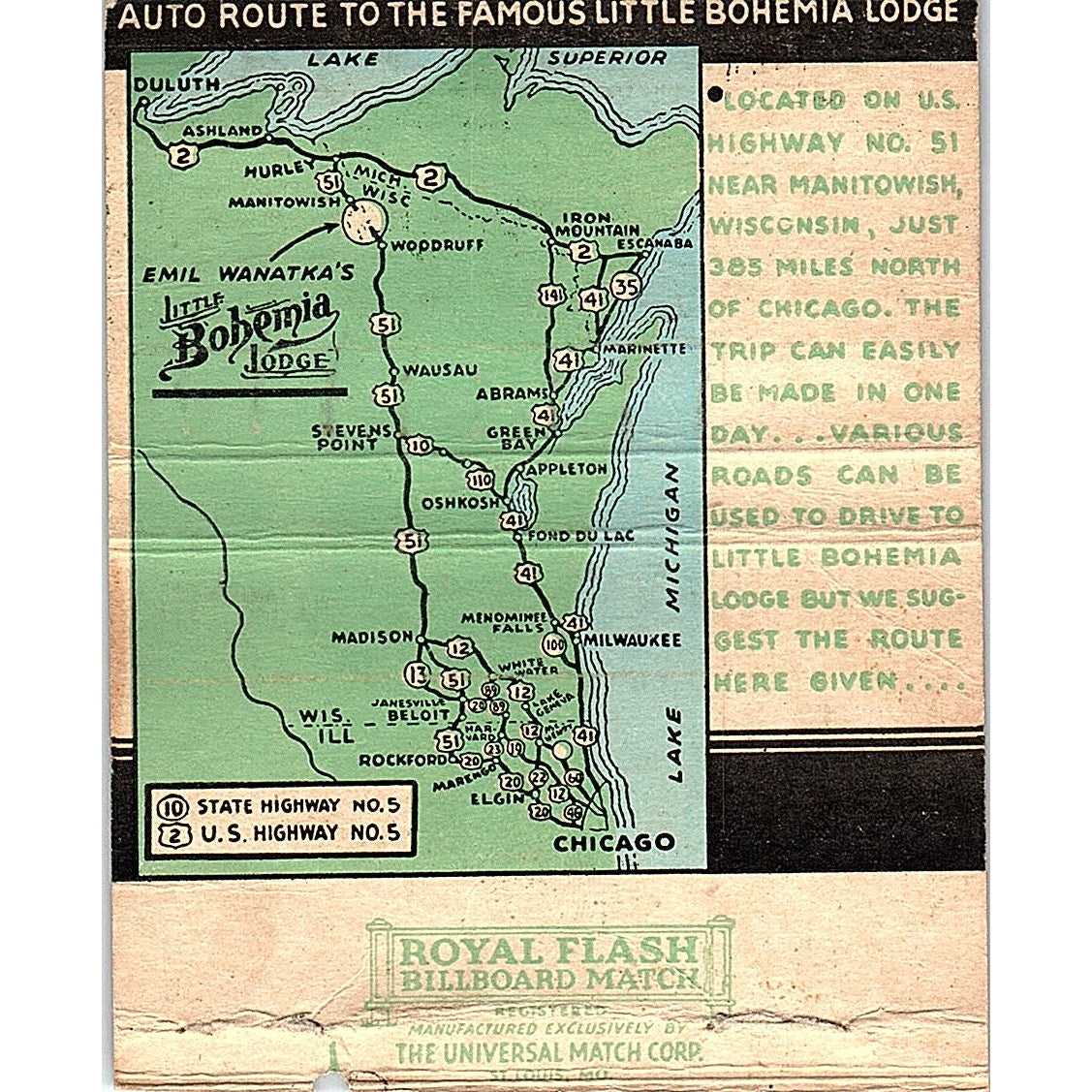 Emil Wanatka's Famous Little Bohemia Lodge Manitowish WI Large Matchbook TH2-Y3