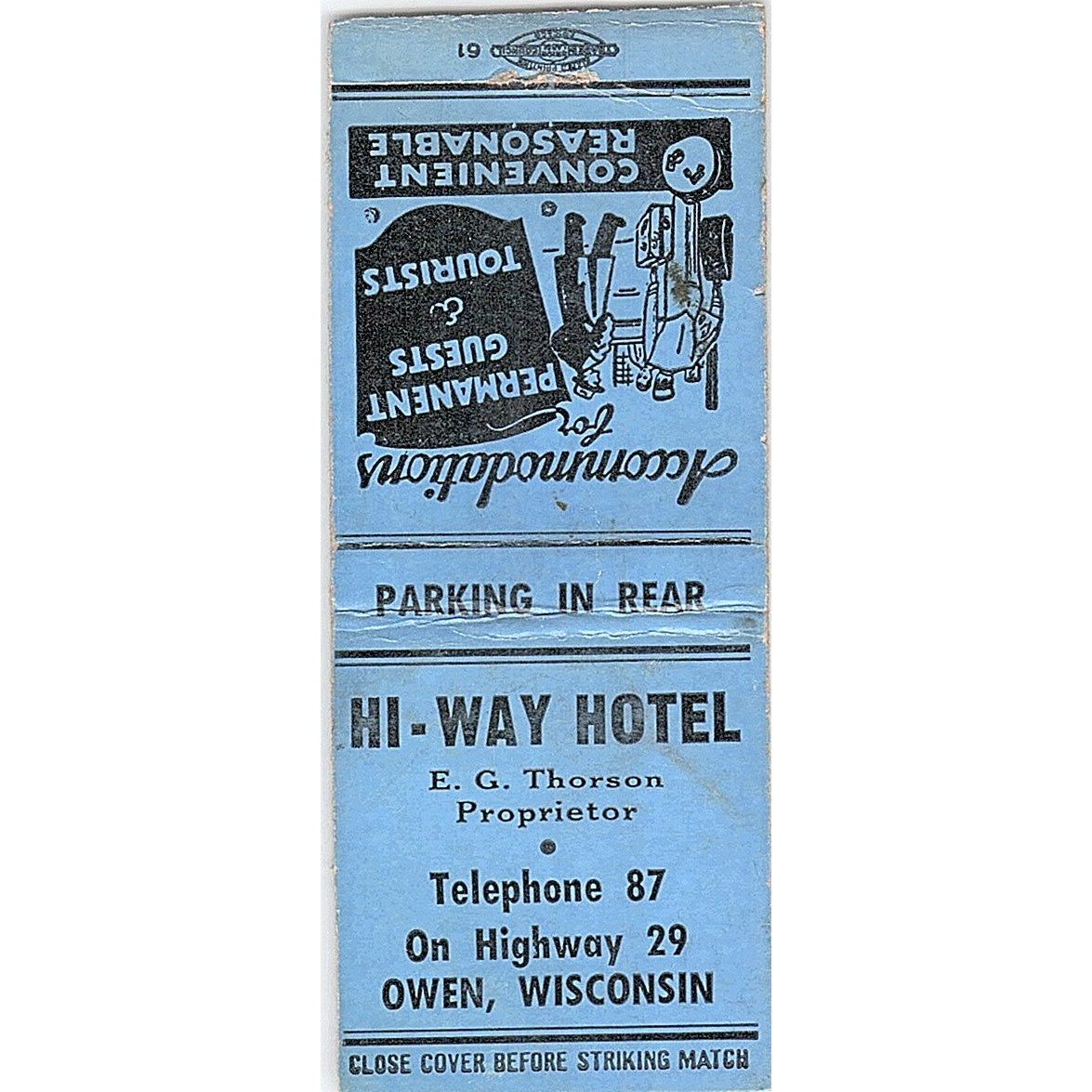 Hi-Way Hotel E.G. Thorson Owen WI Vintage Matchbook Cover SF3-Y9