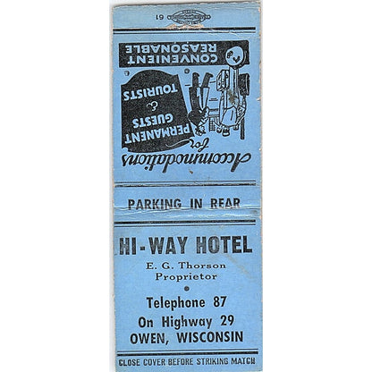 Hi-Way Hotel E.G. Thorson Owen WI Vintage Matchbook Cover SF3-Y9