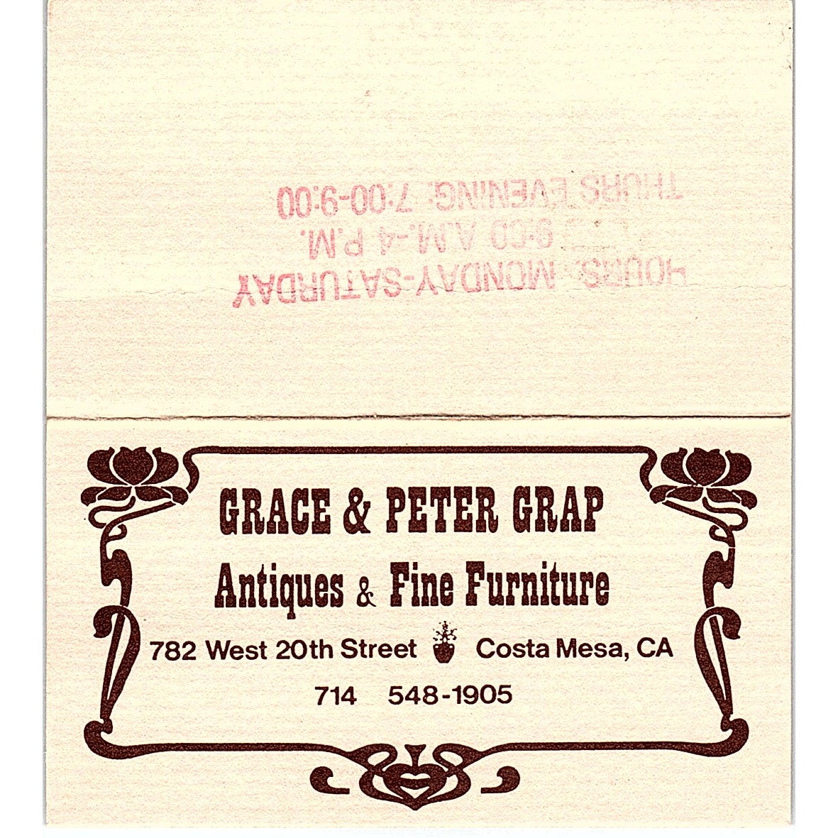 Grace & Peter Grap Antiques Costa Mesa CA Vintage Business Card SE3-B16