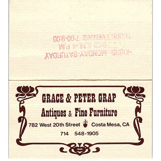 Grace & Peter Grap Antiques Costa Mesa CA Vintage Business Card SE3-B16