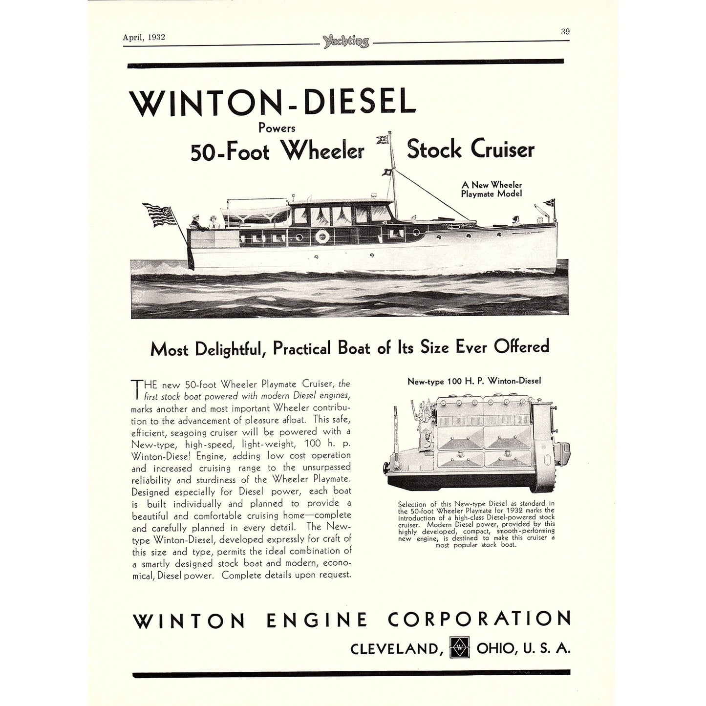 Winton-Diesel Yacht Engine Winton Engine Corporation Cleveland OH 1932 Ad V1-4