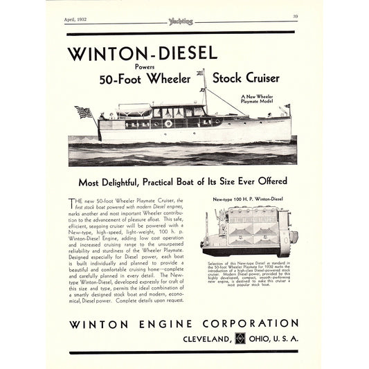 Winton-Diesel Yacht Engine Winton Engine Corporation Cleveland OH 1932 Ad V1-4