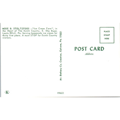 Mose B. Stoltzfoos Ice Cream Farm Pennsylvania Dutch Country Postcard PD8